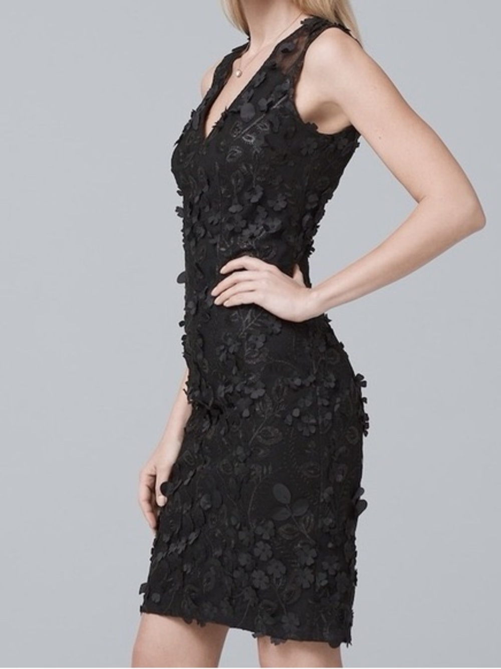White House Black Market Black Floral 3D Applique Beaded Lace Sheath Dress